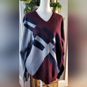 Perry Ellis V-Neck Sweater in Burgundy and Gray